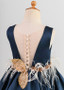 Shop Beading Cheap Satin Feather Jewel Navy A-line Knee-length Flower Girl Dress under 80