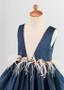 Shop Beading Cheap Satin Feather Jewel Navy A-line Knee-length Flower Girl Dress under 80