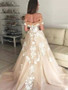 Shop 2020 Romantic Off Shoulder White Lace Appliques Champagne Wedding Dress under 200
