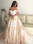 Shop 2020 Romantic Off Shoulder White Lace Appliques Champagne Wedding Dress under 200