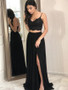 Shop Backless Long Two Piece Chiffon Lace A-Line Black Spaghetti Straps Prom Dress under 100