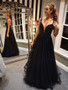 Shop Beautiful Backless Beaded Top Black Elegant A Line V Neck Long Prom Dress under 200