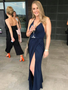 Shop Sexy  2020 Navy Blue Long V Neck Backless Prom Dresses with Split From Annakoo