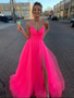Shop Sexy Fuchsia A Line V Neck Coral Tulle Long Prom Dress with High Split Under 100