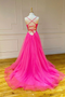 Shop Sexy Fuchsia A Line V Neck Coral Tulle Long Prom Dress with High Split Under 100