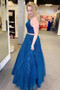 Shop Sexy 2020 V Neck Two Pieces Lace Appliques Sparkly A Line  Blue Prom Dress Under 150