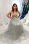 Shop 2020 Sexy Sparkly A-Line Plunging Neckline Backless Silver Tulle Long Prom Dress Under 130