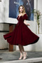 Shop Cheap Short Sleeves Lace-up Back Burgundy Mid-Calf Ankle Length Velvet Prom Dress Under 100