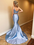 Mermaid Two Pieces Satin Light Blue Lace Top Long Prom Dress