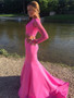 Mermaid Two Pieces Lace Pink Long Sleeves Prom Dresses