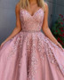 Shop Unique 2020 Lace Appliques A Line V Neck Two Pieces Pink Prom Dresses with Belt Under 200