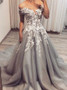 Shop 2020 New  Off The Shoulder Grey Ball Gown Tulle Prom Dress with Appliques Under 150