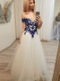 Shop Cheap 2020 Short Sleeves A-line White Off The Shoulder Prom Dress with Navy Appliques Under 130