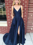 Shop 2020 V-neck Sleeveless Satin Navy Split Sweep Train Prom Dress Under 100