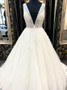 Shop 2020 White Ball Gown Tulle Deep V-neck Sleeveless Prom Dress with Appliques under 200