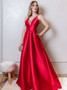 Shop Cheap 2020 Red V-neck Satin Cut Out Prom Formal Dress Pockets Under 100