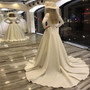 New Arrival 2020 Bateau Button Back Sweep Train White Satin Long Sleeve Wedding Dress For Sale