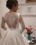 Sheer Back  O-Neck Button Back Sweep Train White Satin Lace Long Sleeve Wedding Dress With Wholesale Price
