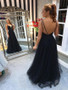 Open Back Sexy Beading A-Line Black Tulle Double Straps Backless Prom Dress On Sale