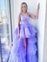 Beautiful 2020 Design Hi Lo Tulle V-neck A-Line Purple Tiered Beading Prom Dress Under 200