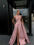 Shop Beautiful Sexy Pink Princess Satin Scoop Short Sleeves Prom Dresses with Beading Slit