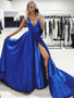 Shop Sexy 2020 Spring Royal Blue Satin Long A Line V Neck Prom Dresses with Split With Wholesale Price