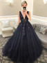 Buy 2020 V Neck Open Back Beaded Appliques Dark Navy Lace Long Prom Dress Under 200