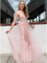 Shop 2020 Low Price  Sweet Tulle A Line V Neck Pink Lace Long Prom Dress with Slit Under 100