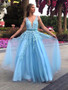 Shop Cheap 2020 A Line V Neck Tulle Beading Light Blue Lace Long Prom Dress Under 200
