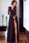 Shop Sexy  Long Sleeve Appliques Cheap Black Lace V-neck Prom Dress With Slit Under 200