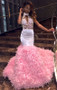 Shop Cheap 2020 Pink High Neck  Keyhole Appliques Ruffles Mermaid Prom Dresses Under 200
