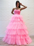 Browse Our Lovely Strapless Layered Pink Long Tulle Formal Prom Dress Under 200