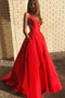 Rock The Prom In Red Satin V Neck Long  Backless Prom Dress With Pockets