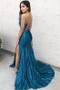 Wide Range Of Side-Slit Criss-Cross Sexy Blue Halter Sequins Mermaid Prom Dress