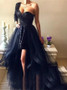 Shop 2020 One Shoulder A-Line Black Tulle Sequins Long Sleeve Prom Dress With Detachable Train Under 200