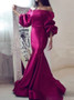 Shop 2020 Off the Shoulder Puff Sleeve Mermaid Satin Fuchsia Prom Dress Under 100