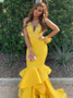 Shop 2020 Deep V-neck Appliques Yellow Mermaid Satin Prom Dress Under 149