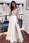 Long Sleeve Beads Appliques A-line V-neck Tulle Floor Length Wedding Dress
