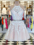 Shop Cheap A Line Halter Neck Short Champagne Beading Lace Homecoming Dresses with Belt Under 123
