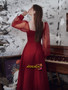 Tea Length V Neck Burgundy Long Sleeve Satin Prom Dress