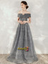 Shop Cheap 2020 Off The Shoulder Sequin Sparkle Short Sleeve Lace Up Gray Prom Dress Under 138