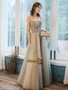 Spaghetti Straps Champagne See Through Appliques Prom Dress