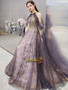Purple Sparkly Appliques Backless Open Back Tulle Prom Dress