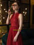 Red High Neck See Through Beading Zipper Up Sleeveless Prom Dress