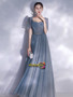 Puffy Short Sleeves Tulle Beading Blue A Line Prom Dress