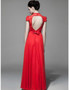 Long Chiffon Red Beaded Cap Sleeve Bridal Party Dress