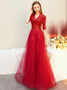 Shop 2021 Red Half Sleeve Satin And Tulle Beading V Neck Prom Dress Under 134