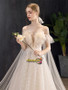 Champagne Off The Shoulder Ruffles Beading Backless A Line Wedding Dress