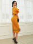 Orange Puffy Sleeves Spandex Sheath Column Ankle Length Party Dress