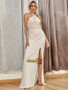 Halter Ivory See Through Backless Prom Dress With Slit